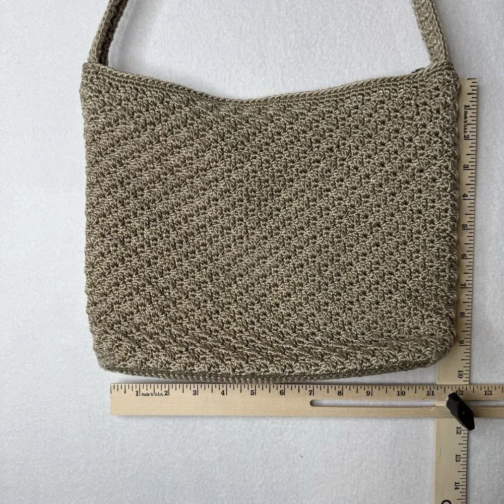 The Sak Crochet Knit Woven Boho Shoulder Handbag Taupe Lined Interior Pocket‎